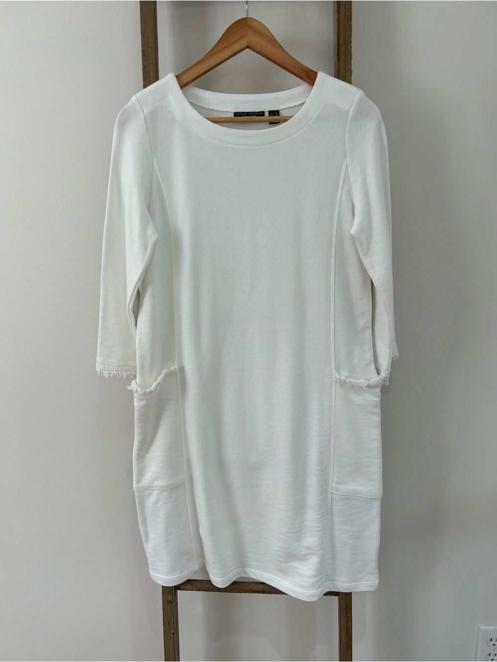 Susan Graver Weekend French Terry Multiples Shift Dress White Fringe Size XXS